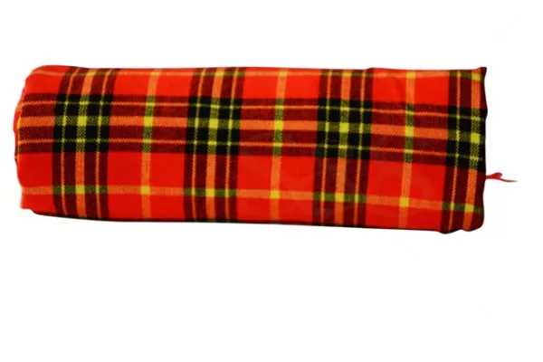 Scarlet Red, Black and Yellow Checked with Yellow, Orange and Black Stripped Kikoy Sarong