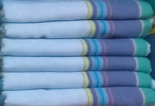 Light Blue Grey, Dusky Blue with Yellow, Blue and Green Striped Cotton Kikoy